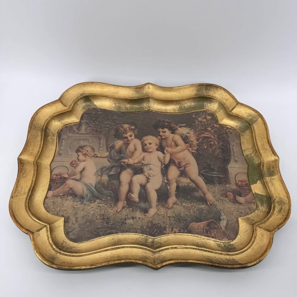 Italian Florentine Serving Tray Large Cherubs Gilt Wood Gold Green Rectangular